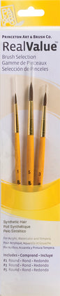 Protonking Art & Brush Co. Real Value Brush Selection Poly Synthetic Hair #3 Acrylic Fine Point Needle Kit, featuring three synthetic hair needles in different sizes on a yellow and white background.