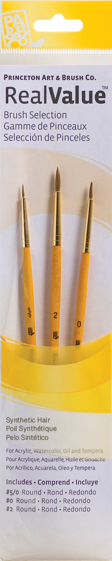 Princeton Art & Brush Co. Real Value synthetic hair paint brushes in a yellow and white retail package, showing three gold-handled brushes with blue bristles.