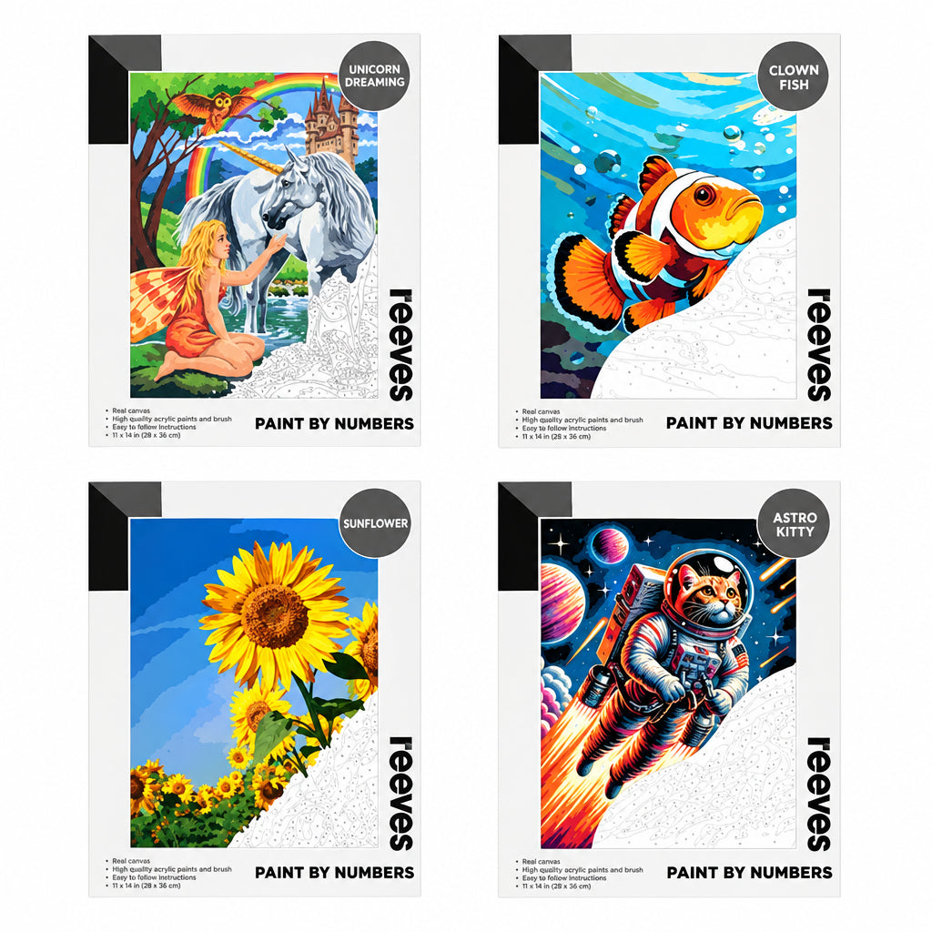 Paint by numbers sets by Reeves on a white background
