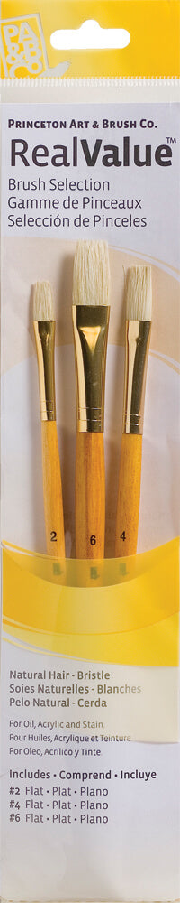 Princeton Art & Brush Co. Real Value brush selection set containing four paint brushes with natural hair bristles and orange handles, packaged in a yellow and white cardboard sleeve.