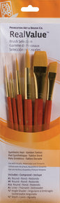 Princeton Art & Brush Co. RealValue Synthetic Hair - Golden Taklon paint brushes in a clear plastic holder with orange handles, shown in retail packaging.