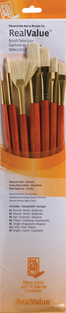 Set of paint brushes with red handles and gold ferrules in a RealValue branded packaging.