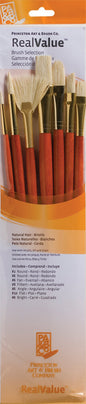 Set of paint brushes with red handles and gold ferrules in a RealValue branded packaging.