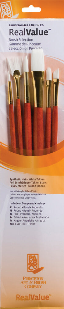 A packaged set of six Real Value brush applicators with white bristles and red handles, shown on a printed retail card against a white background.