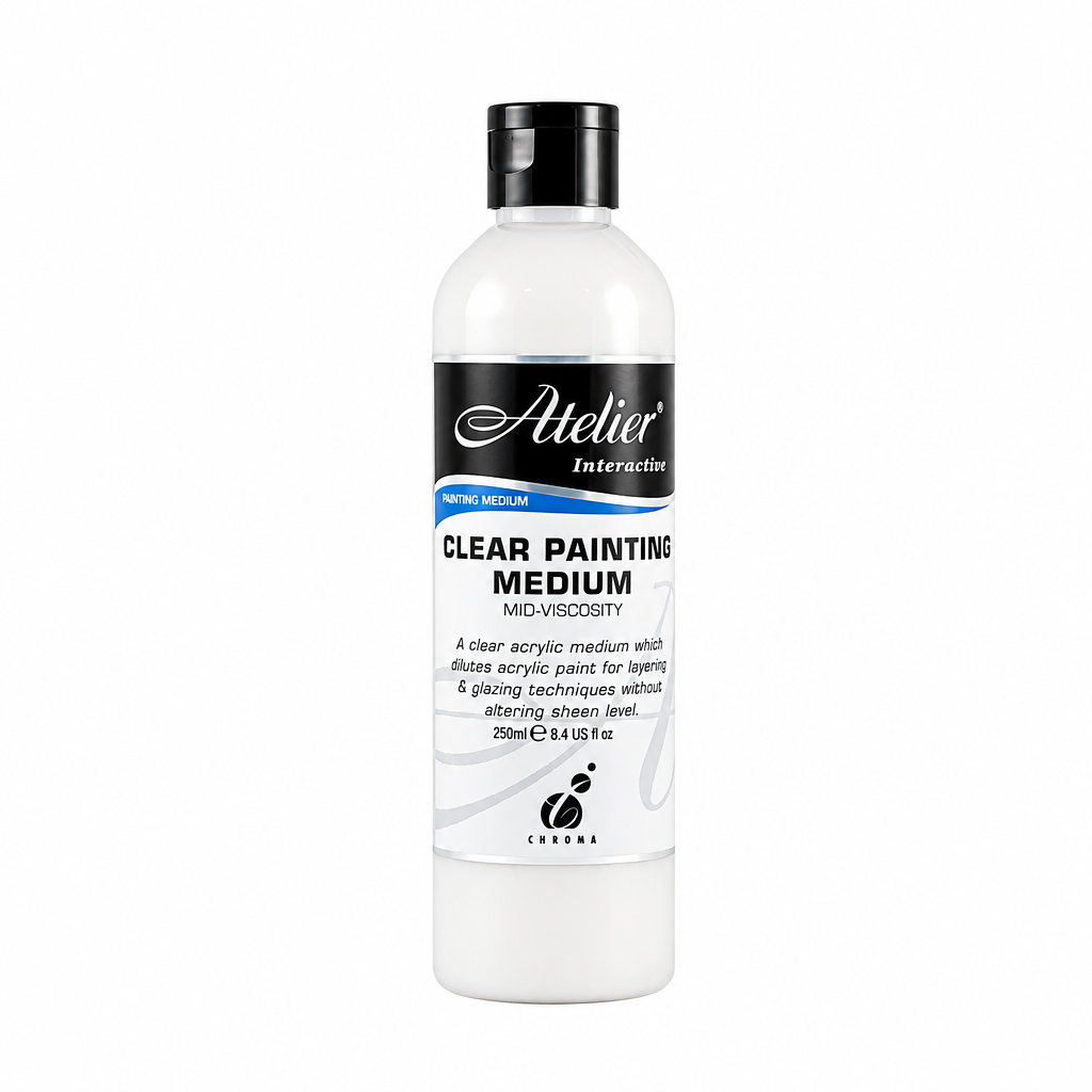 A 250ml bottle of Atelier Interactive Clear Painting Medium, featuring a white bottle, black cap, and a black and white label with blue accents, set against a plain white background.