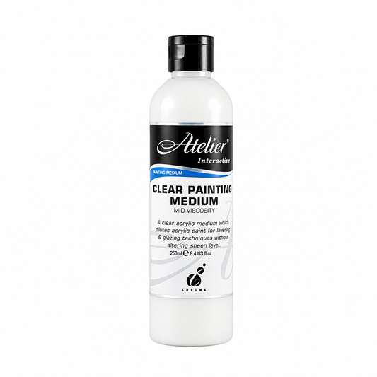 A 250ml bottle of Atelier Interactive Clear Painting Medium, featuring a white bottle, black cap, and a black and white label with blue accents, set against a plain white background.