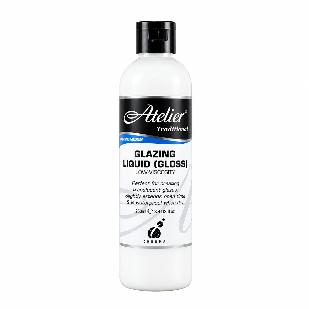 A 250ml bottle of Chroma Atelier Traditional Glazing Liquid (Gloss) on a plain white background.