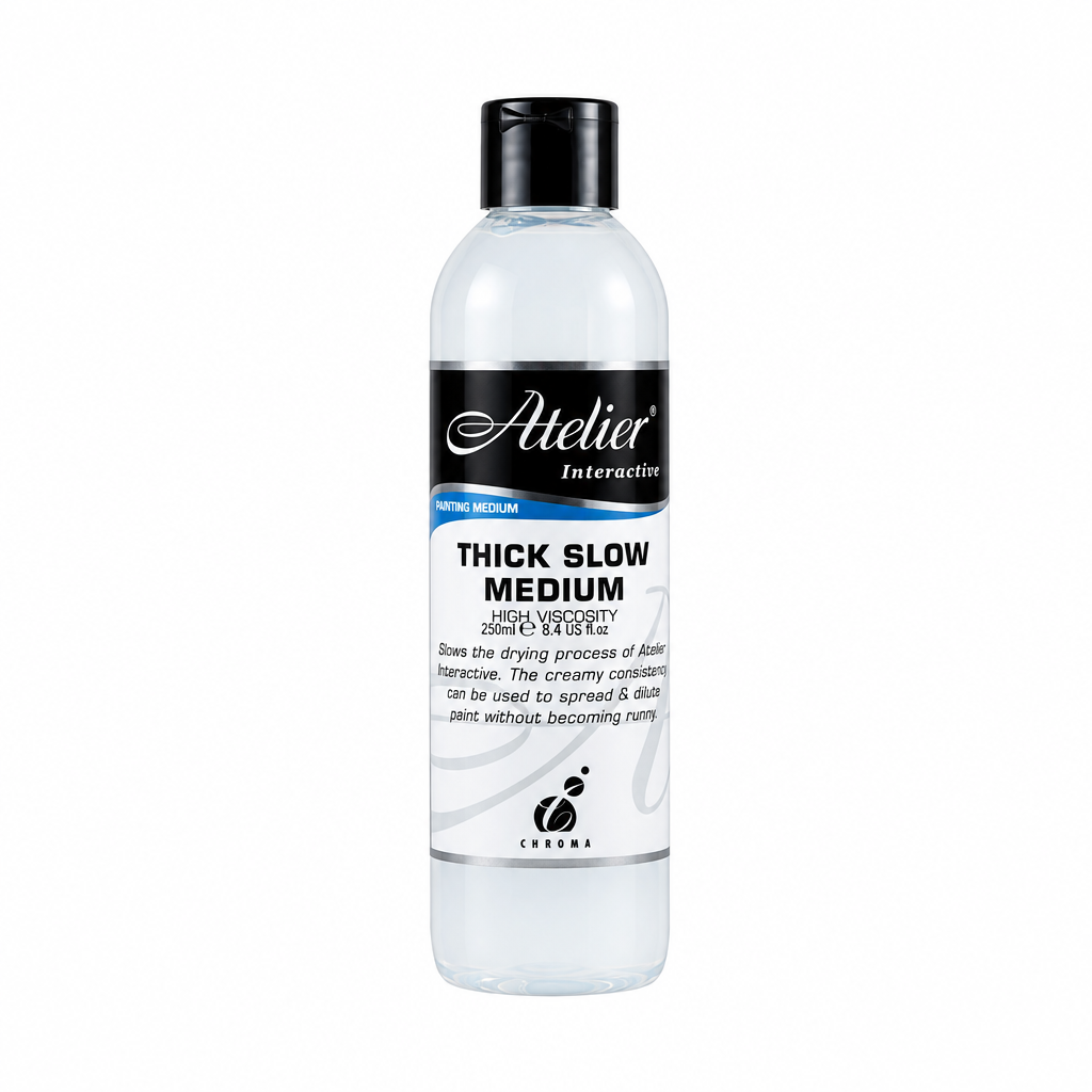 A bottle of Atelier Interactive Thick Slow Medium on a solid white background.