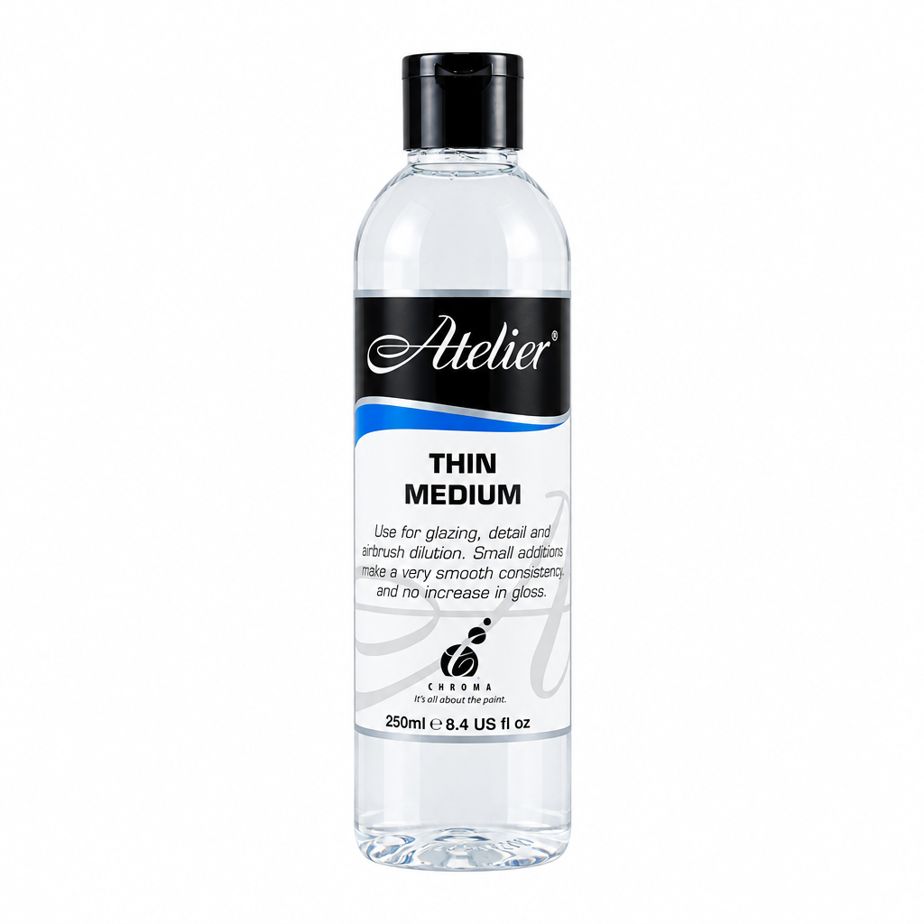 A 250ml bottle of Atelier Thin Medium  featuring a clear bottle, black cap, and a black and white label with blue accents, set against a plain white background.