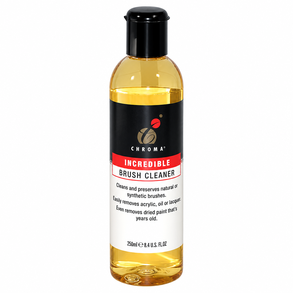 A bottle of Chroma Incredible Brush Cleaner with a black cap and a black, red, and white label, containing a golden yellow liquid, shown on a plain white background.