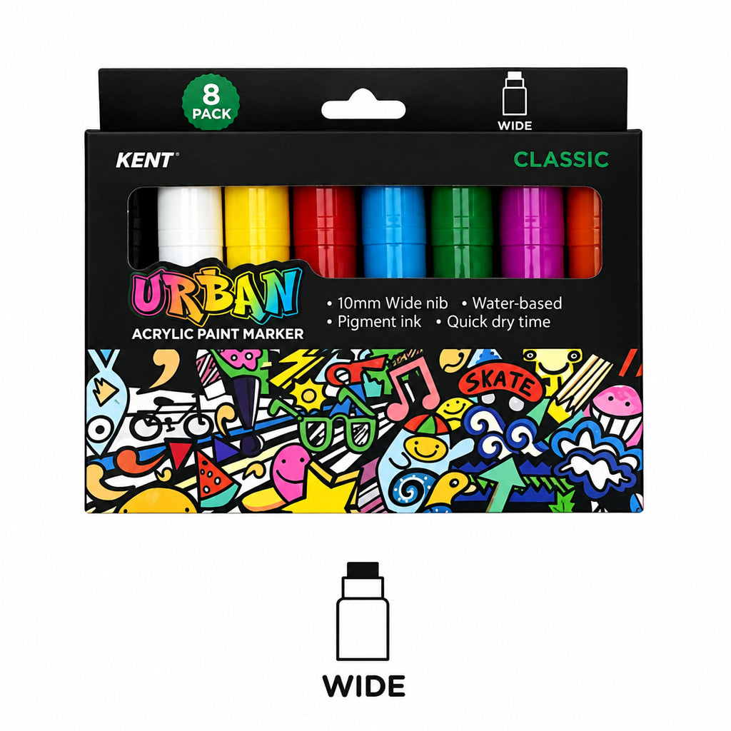 Kent Classic Urban Acrylic Paint Marker 8-pack in a black box with a colorful graffiti-style illustration. The markers visible through the window are white, yellow, red, blue, green, purple, and pink.
